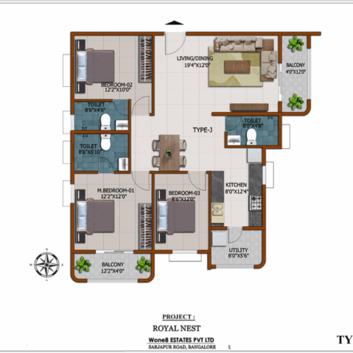 Royal Nest Type J 3 BHK floor plan